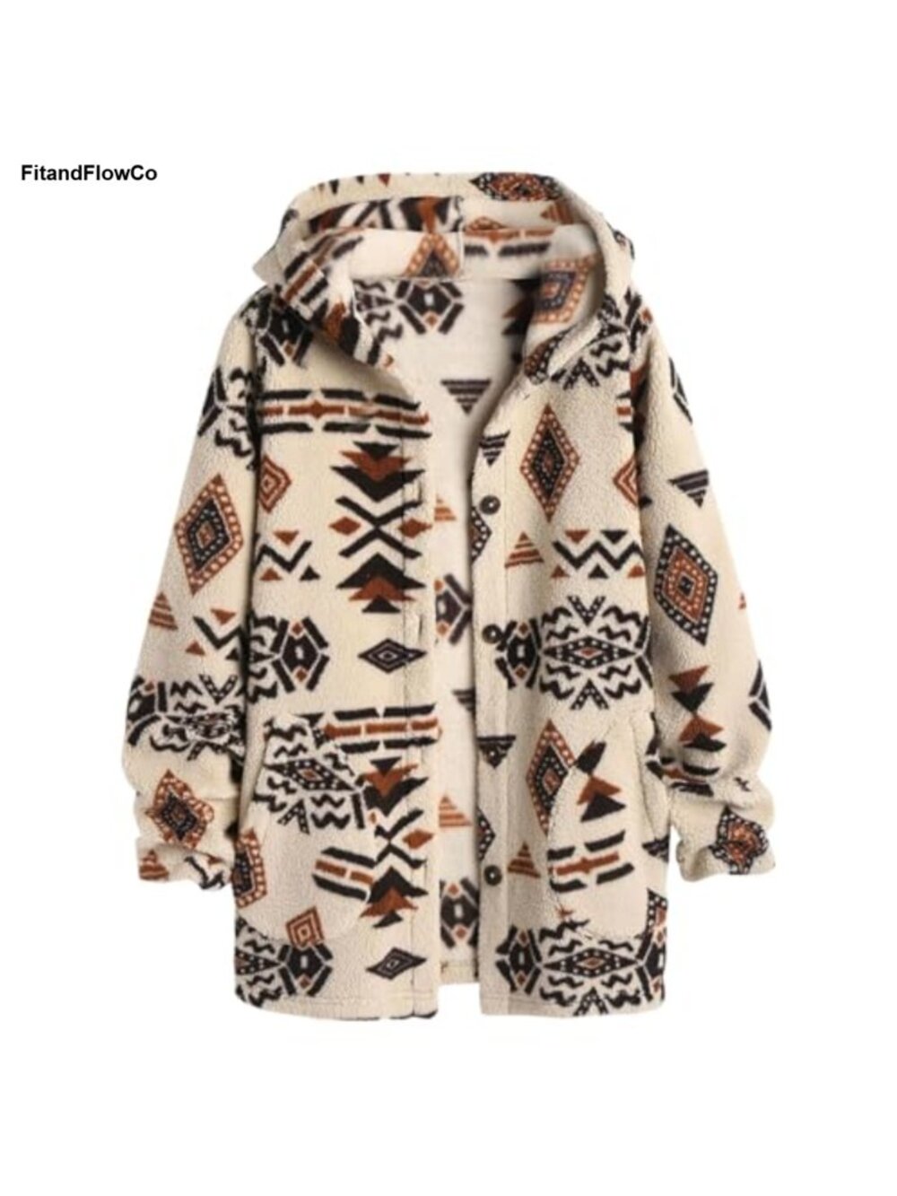 Faux Fur Aztec Print Zip Up Cropped Oversized Jacket with Pockets - Picture 4 of 5